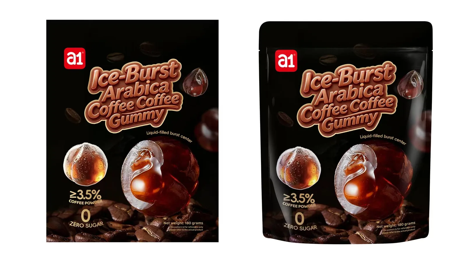 a1 Ice-Burst Arabica Coffee Coffee Gummy — дизайн упаковки тёмной обжарки с кофейными зёрнами и жидким ядром
