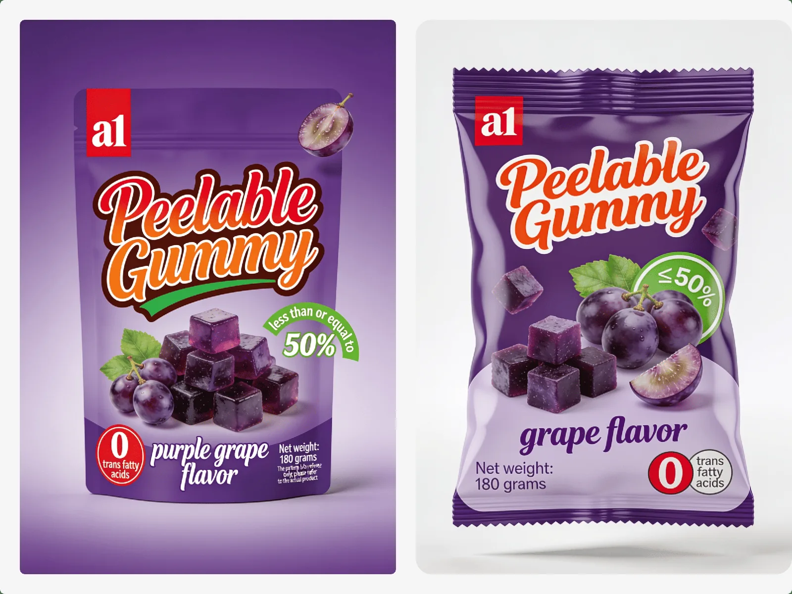 a1 Peelable Gummy в фиолетовом винограде — позиционирование с реальным соком в дой-паке